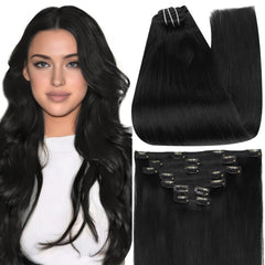 Full Shine clip-in set, jet-black color for seamless blend and instant length.