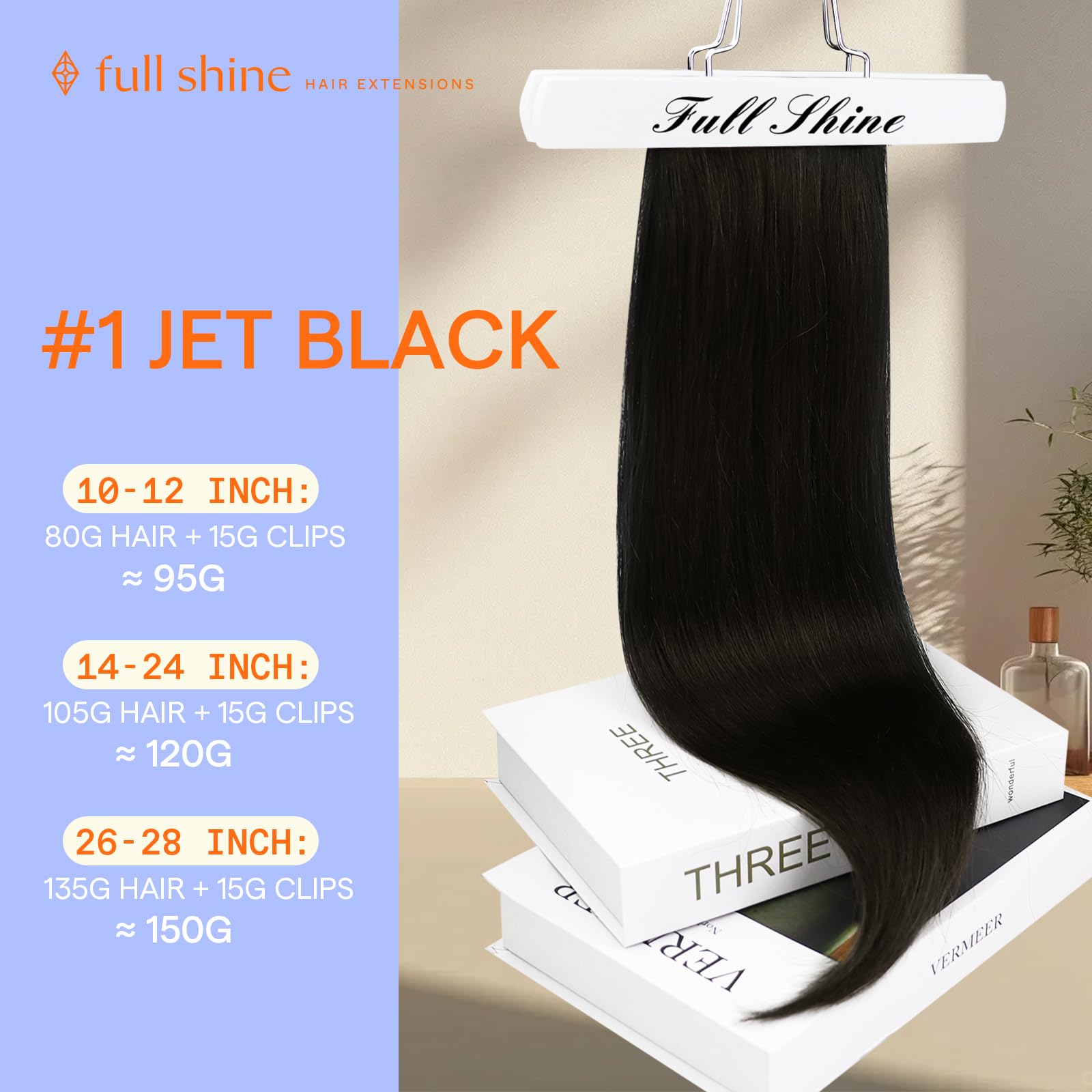 Full Shine Remy hair jet-black weft, smooth, non-tangling texture.