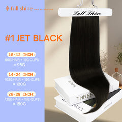 Full Shine Remy hair jet-black weft, smooth, non-tangling texture.