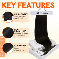Full Shine jet black 12-inch weft extends length with silky texture.