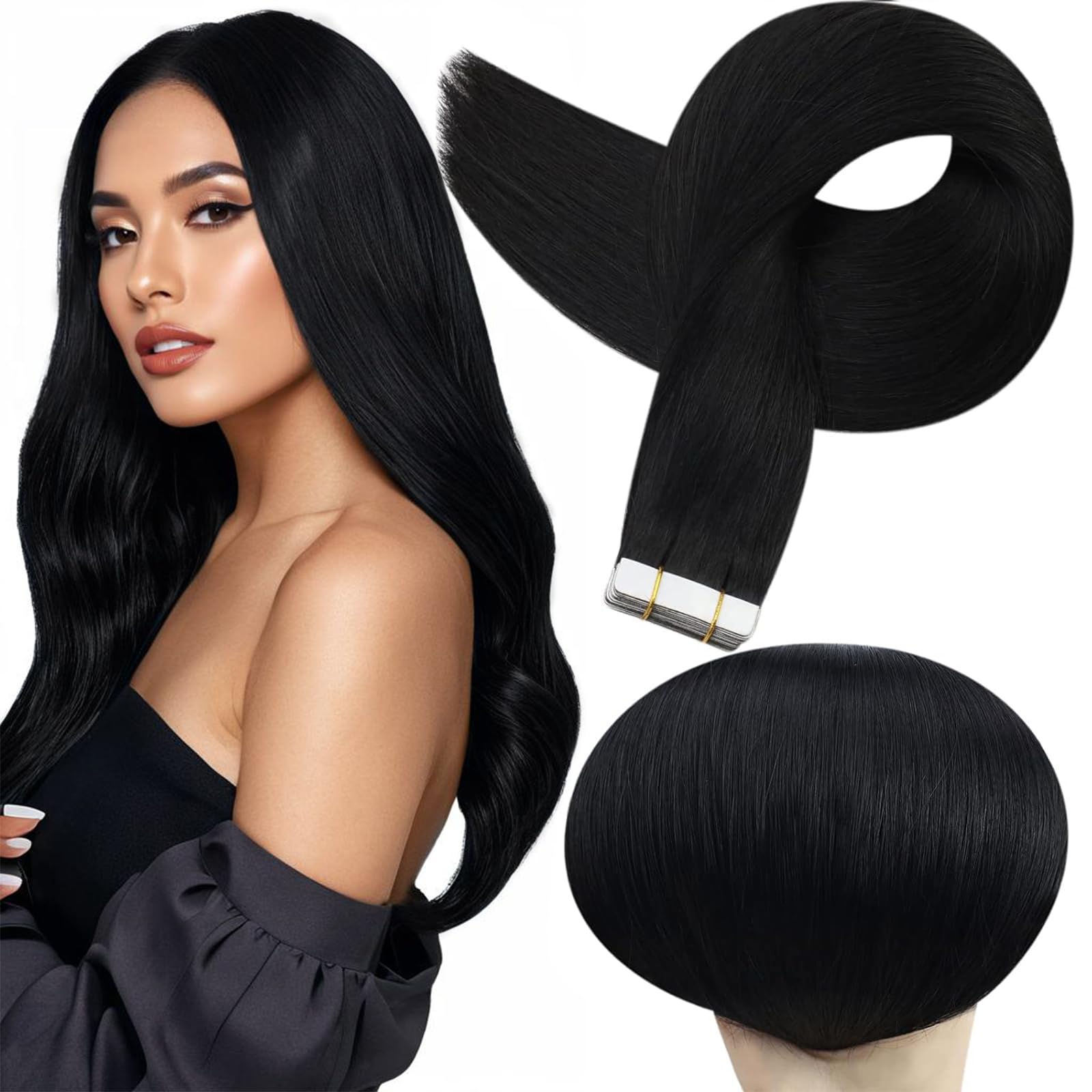 Full Shine tape-in extensions in jet black packaging illustrate easy, mess-free application.