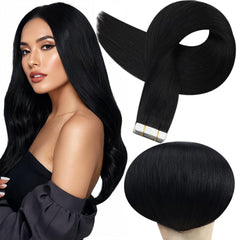 Full Shine tape-in extensions in jet black packaging illustrate easy, mess-free application.