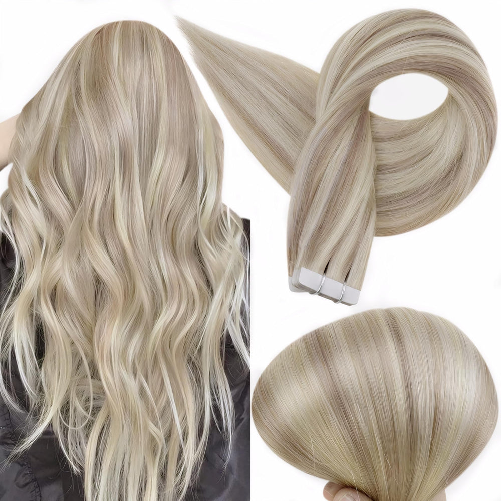Full Shine tape-in extensions 18-inch highlight-613 blonde closeup shows seamless natural blend.