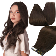 Full Shine tape-in extensions in darkest brown 24 inch pack open for seamless blend