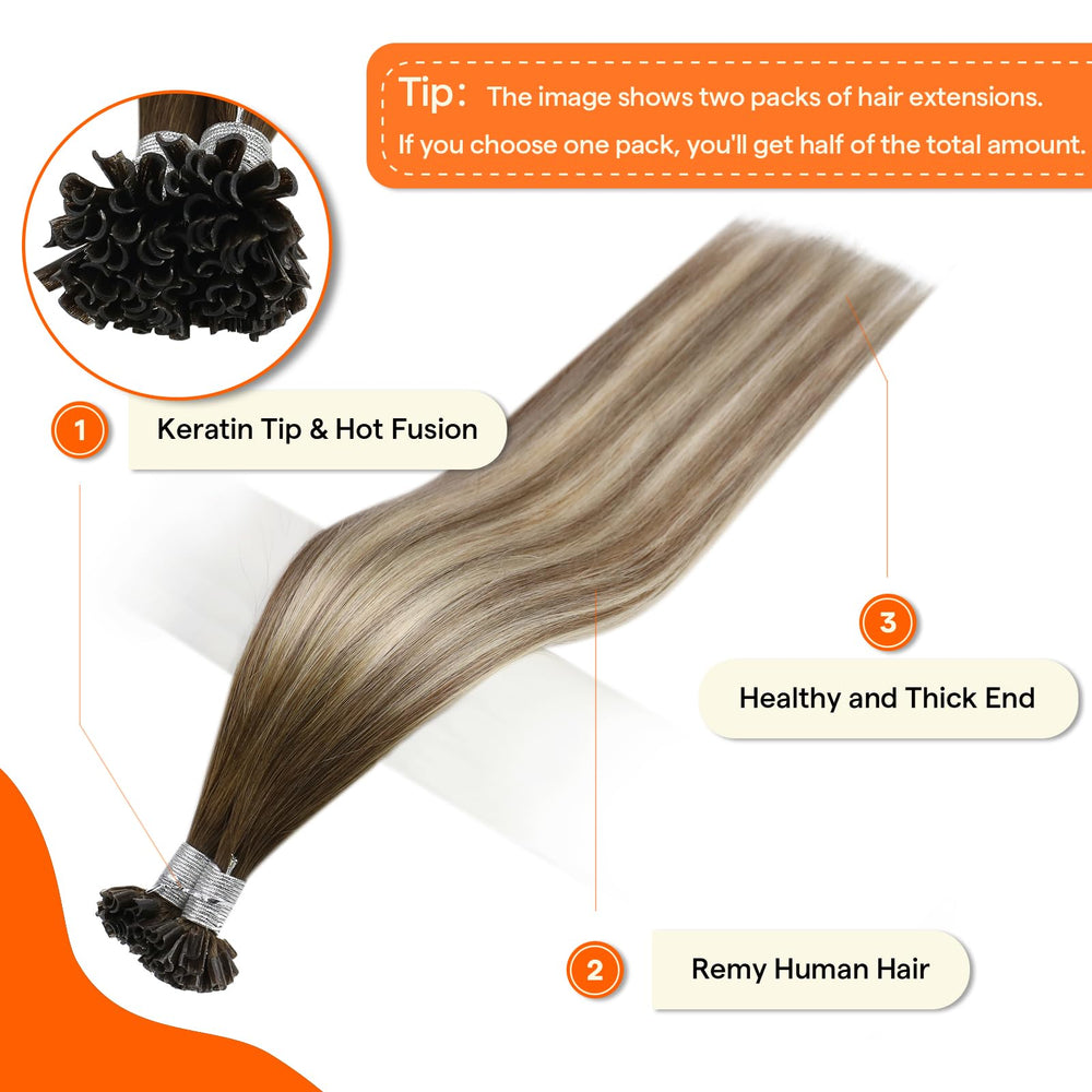Full Shine U Tip Extensions Italian keratin bonds ensure secure attachment and comfortable wear.