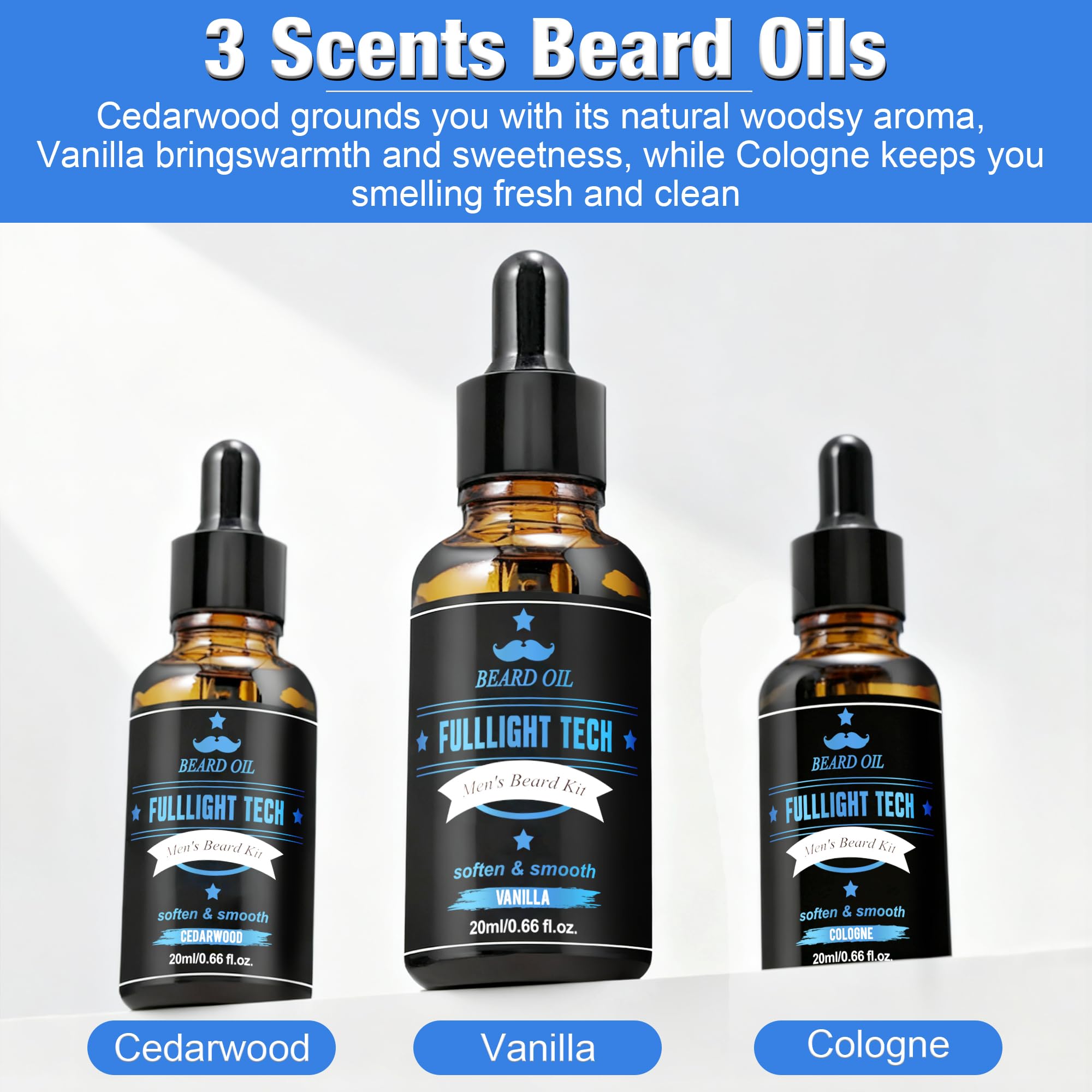 FullLight Tech vanilla beard oil highlighting smooth shine and conditioning
