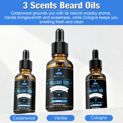 FullLight Tech vanilla beard oil highlighting smooth shine and conditioning