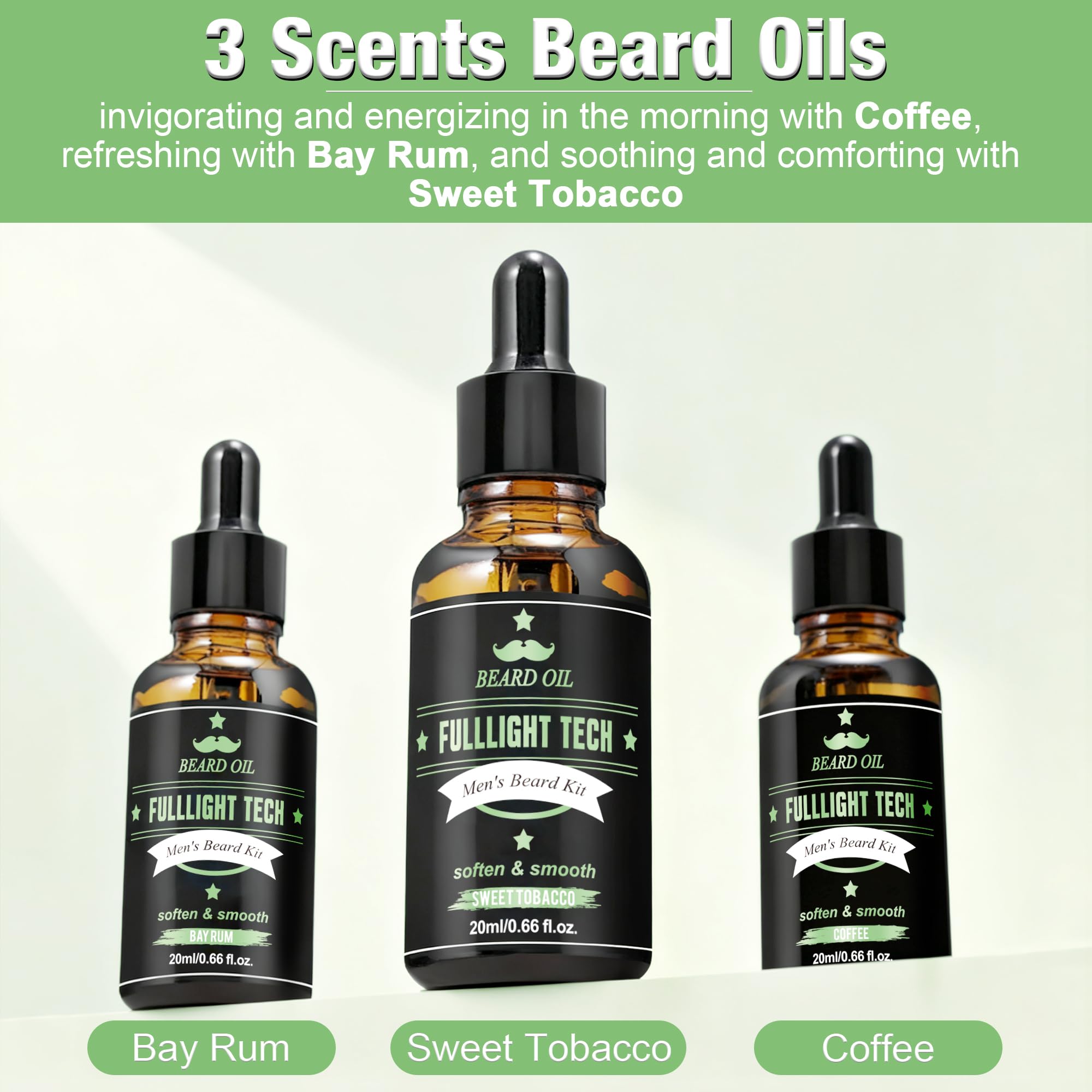 Fulllight Tech Sweet Tobacco shampoo and balm bottle—refreshing beard cleanse and conditioning.