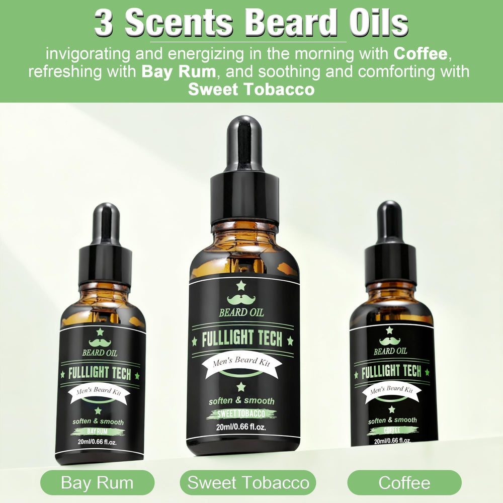 Fulllight Tech Sweet Tobacco shampoo and balm bottle—refreshing beard cleanse and conditioning.