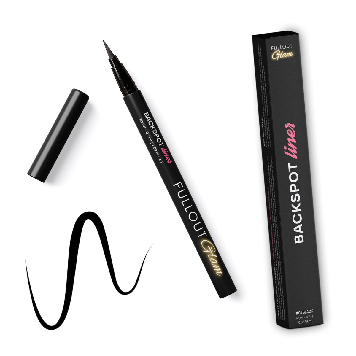 Fullout Glam BackSpot Liner application close-up shows precise lash lining.