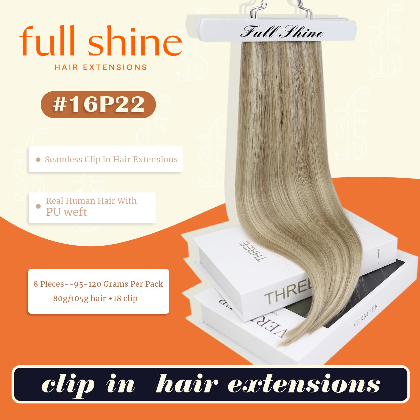 Full Shine seamless clip-ins with PU strip for low-profile fit