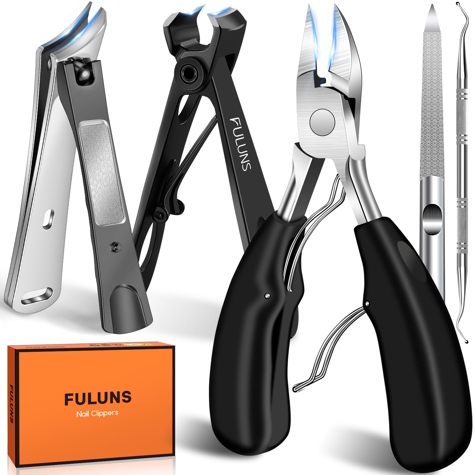 FULUNS toenail clippers with large podiatrist design for precise thick-nail trims