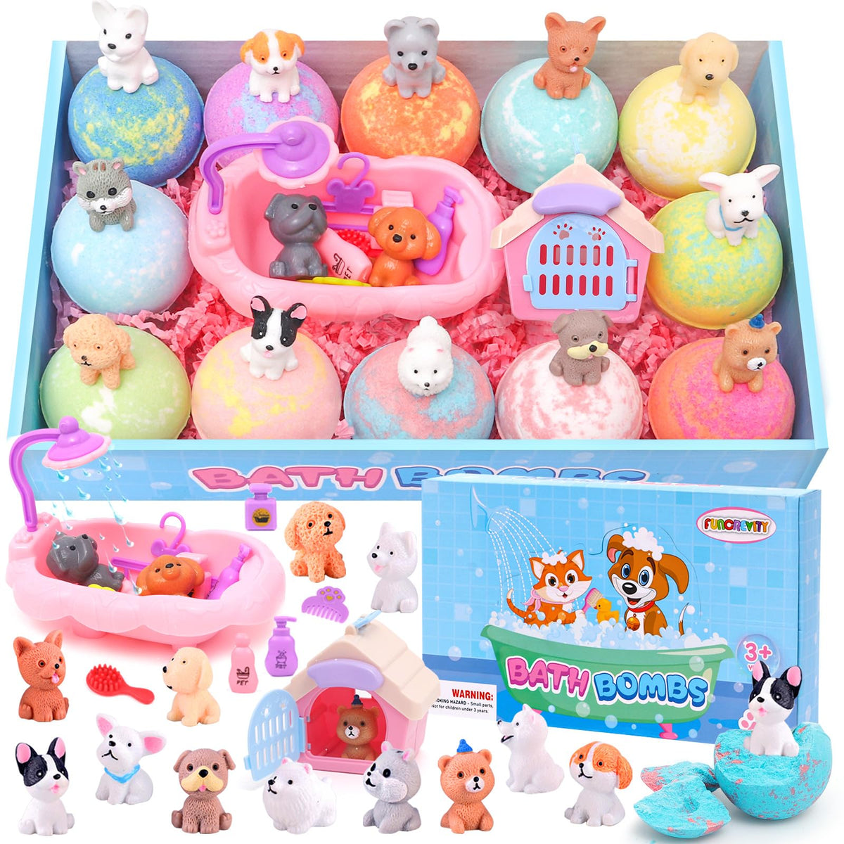 Funcrevity bath bombs reveal a surprise toy inside, making bath time exciting.