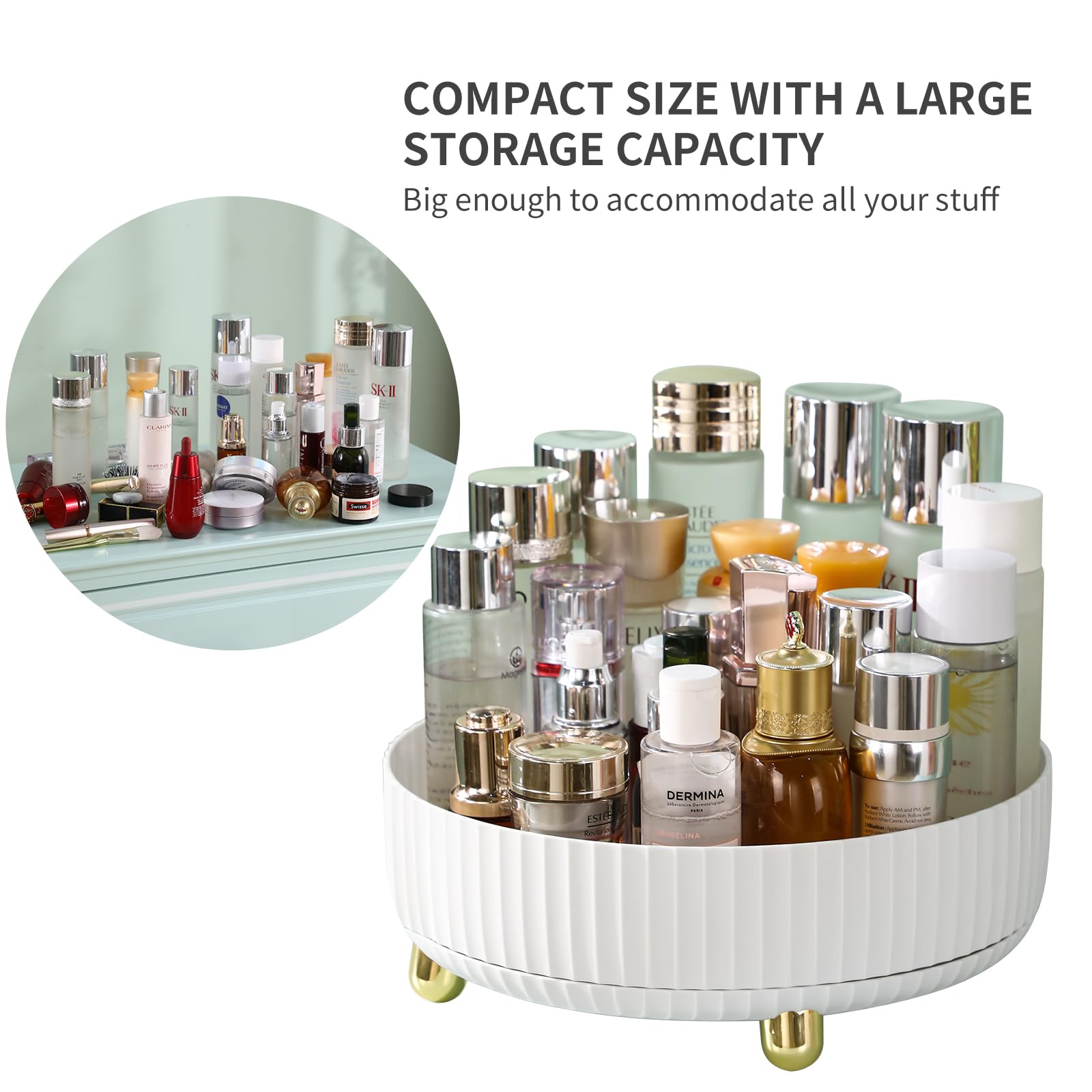 Funest round-tray-large-capacity keeps makeup, fragrances, and skincare organized in one place.