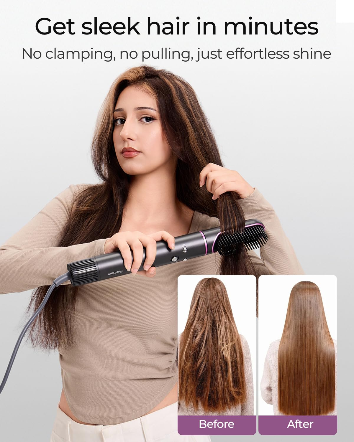 Funflow smoothing straightening comb smooths frizz and straightens for sleek strands.