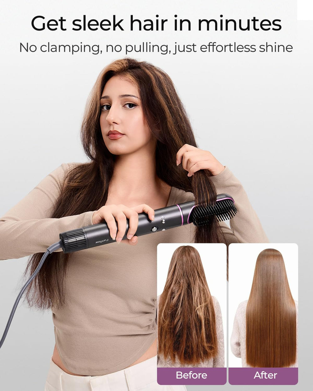 Funflow smoothing straightening comb smooths frizz and straightens for sleek strands.