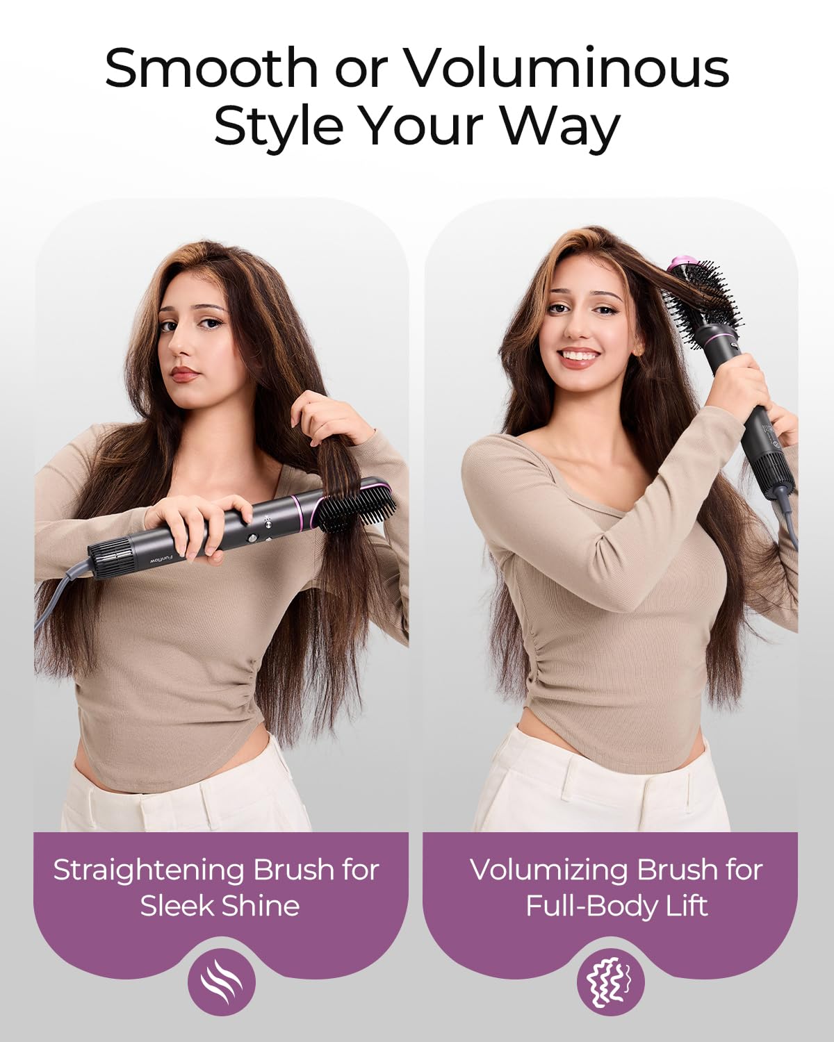 Funflow volumizing round brush adds lift and body for fuller looks.