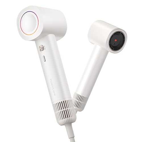 Funflow travel hair dryer side view showing compact, packable design for travel and on-the-go styling.