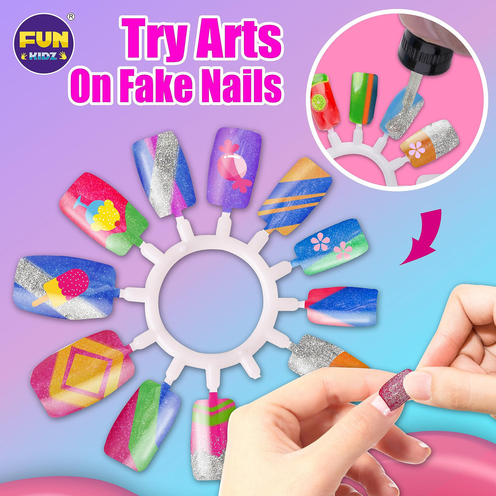 FUN KIDZ nail dryer in action speeds up drying, reducing smudges during pretend manicures.