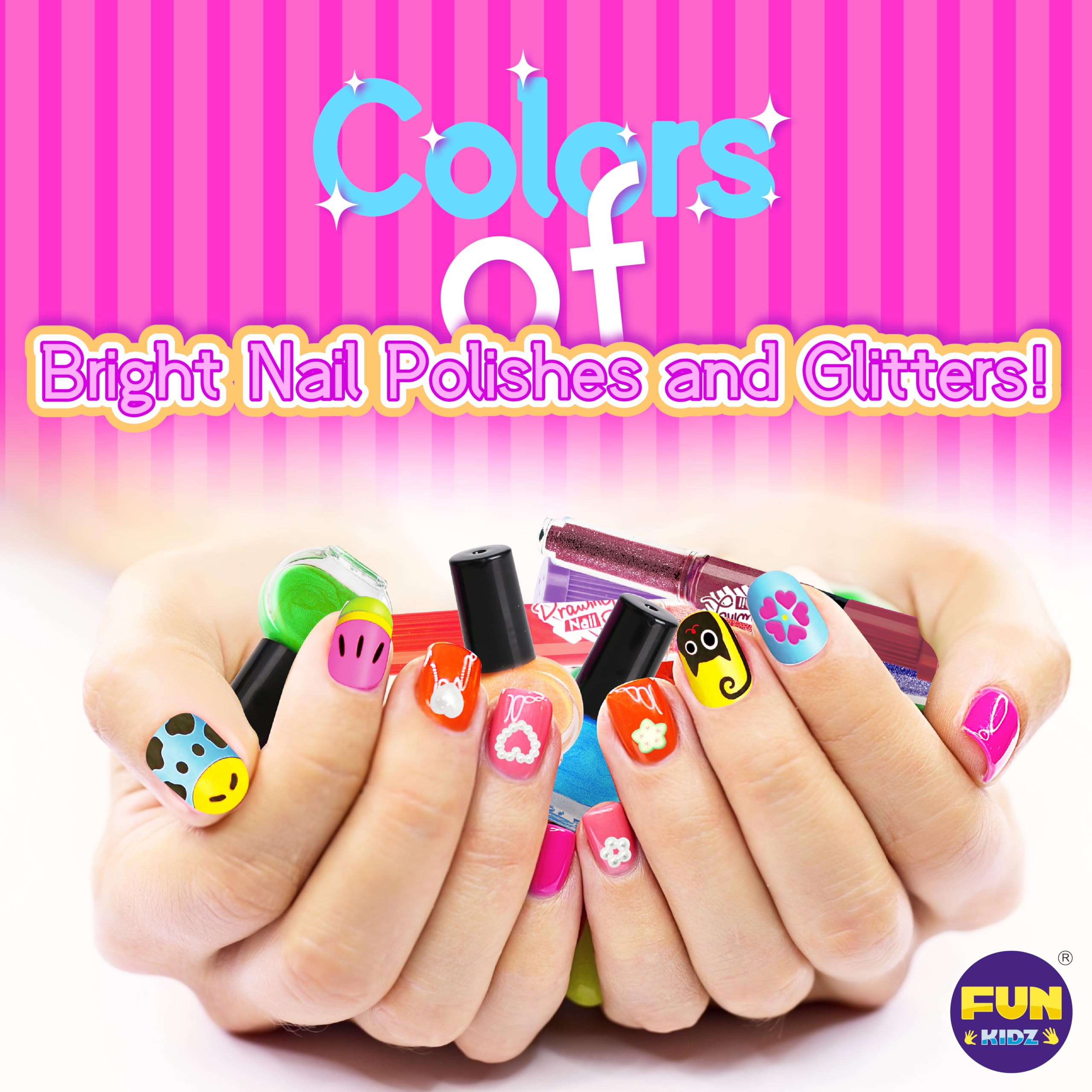 FUN KIDZ Peel-off Nail Polish Pack bottle highlights easy removal and mess-free play