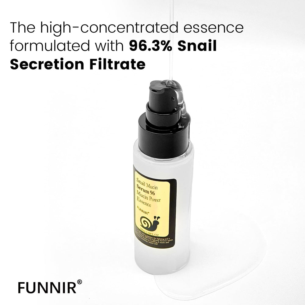 Funnir Snail Mucin 96% Essence application demonstrates simple daily skincare steps.
