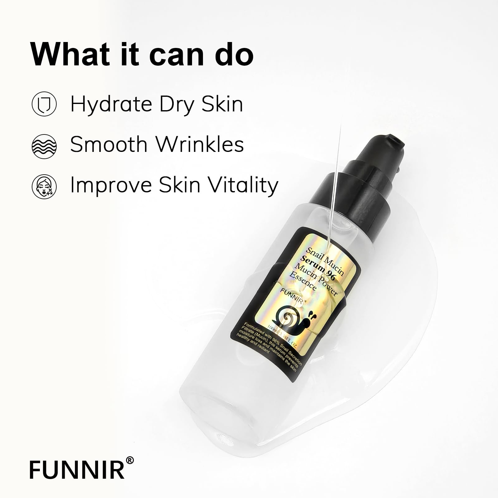Funnir Snail Mucin 96% Essence eco-sourcing highlights cruelty-free snail collection.