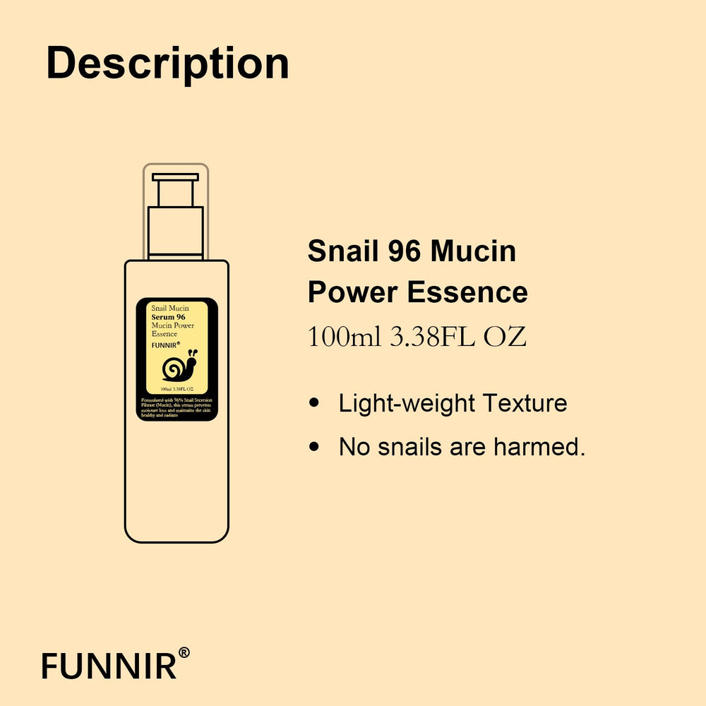 Funnir Snail Mucin 96% Essence ingredients highlight snail filtrate for moisturization.