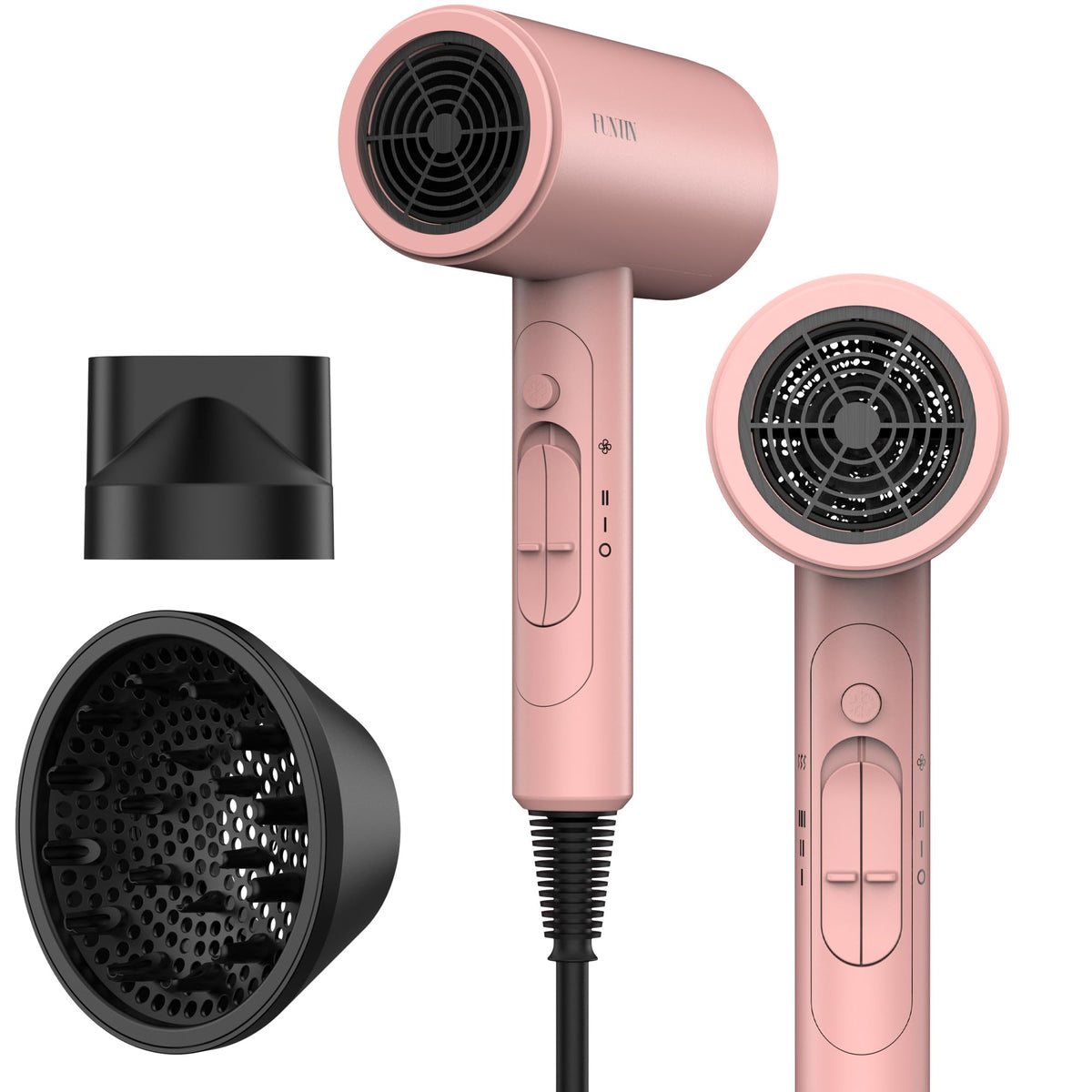 FUNTIN hair dryer baby pink with diffuser for faster, gentler drying.