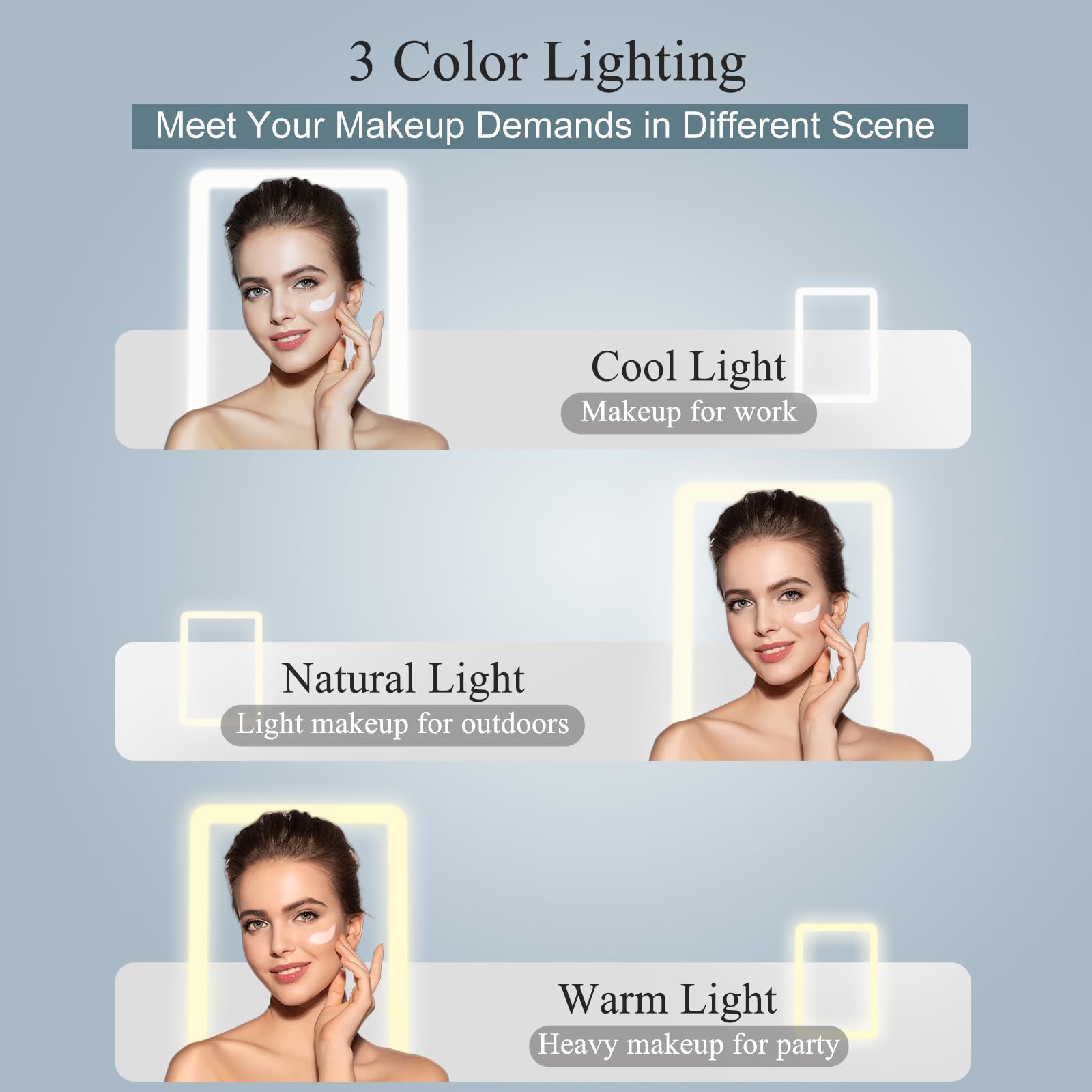 FUNTOUCH mirror with 3-color lighting for day, evening, and office environments
