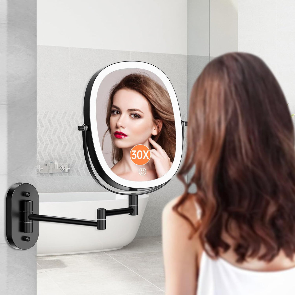 FUNTOUCH oval lighted makeup mirror with 1x/30x zoom for precise makeup application