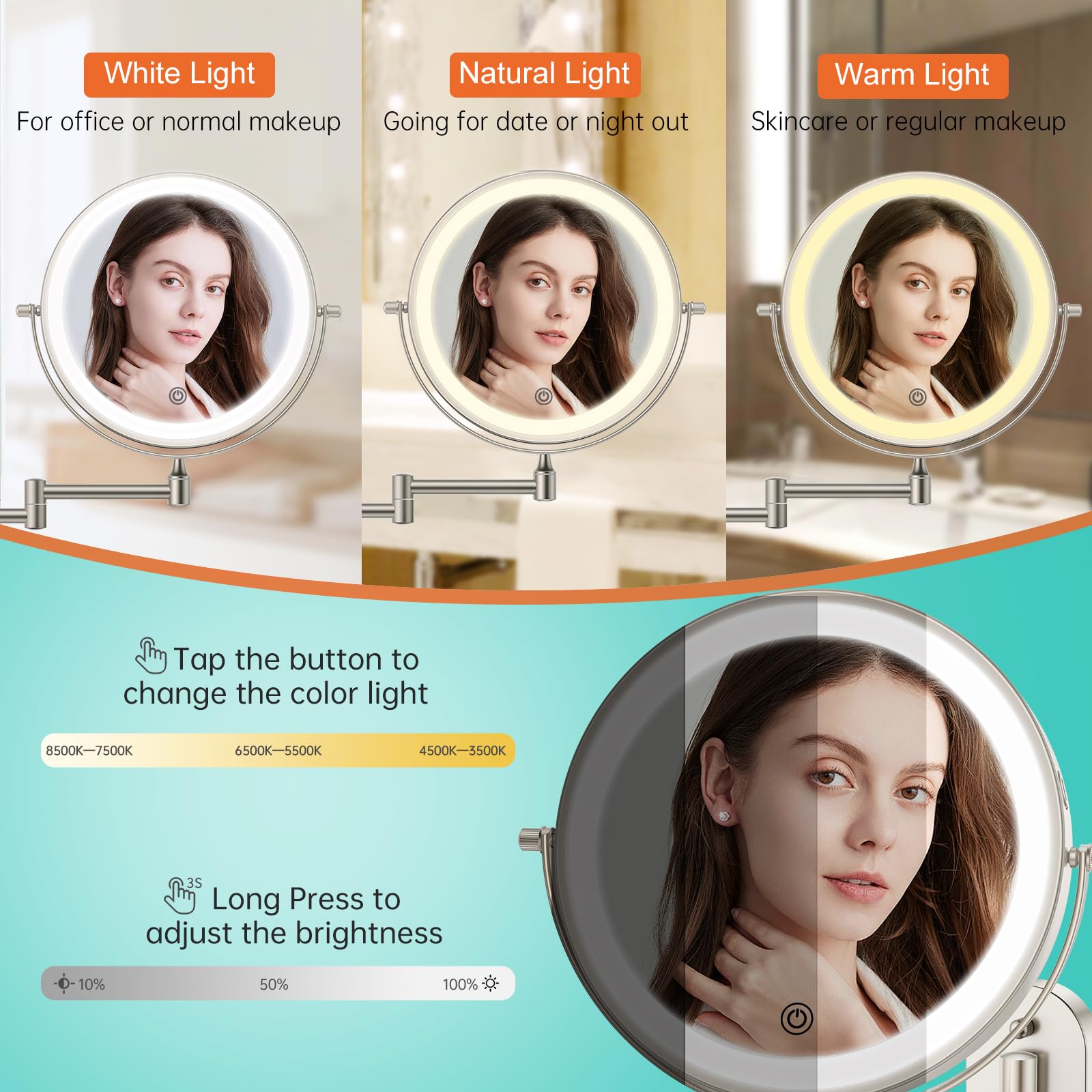 Funto uch 3-color lighting for warm, white, and cool tones during makeup