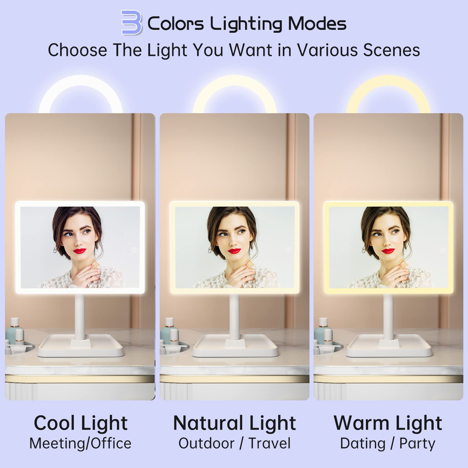 FUNTOUCH 96-LED lighting setup brightens dark areas for precise makeup application.