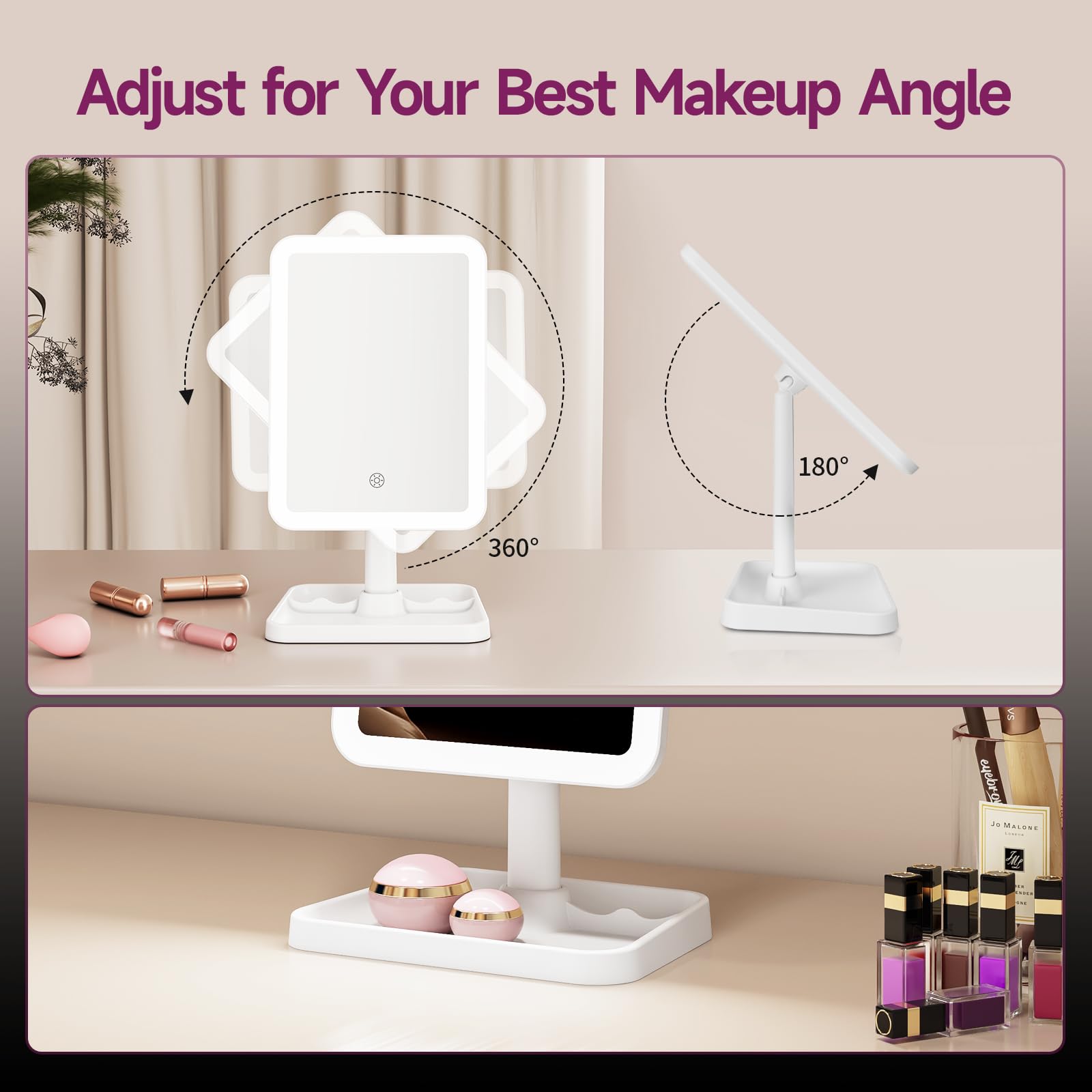 FUNTOUCH Brightness-adjustable LEDs for adapting from day to night makeup.