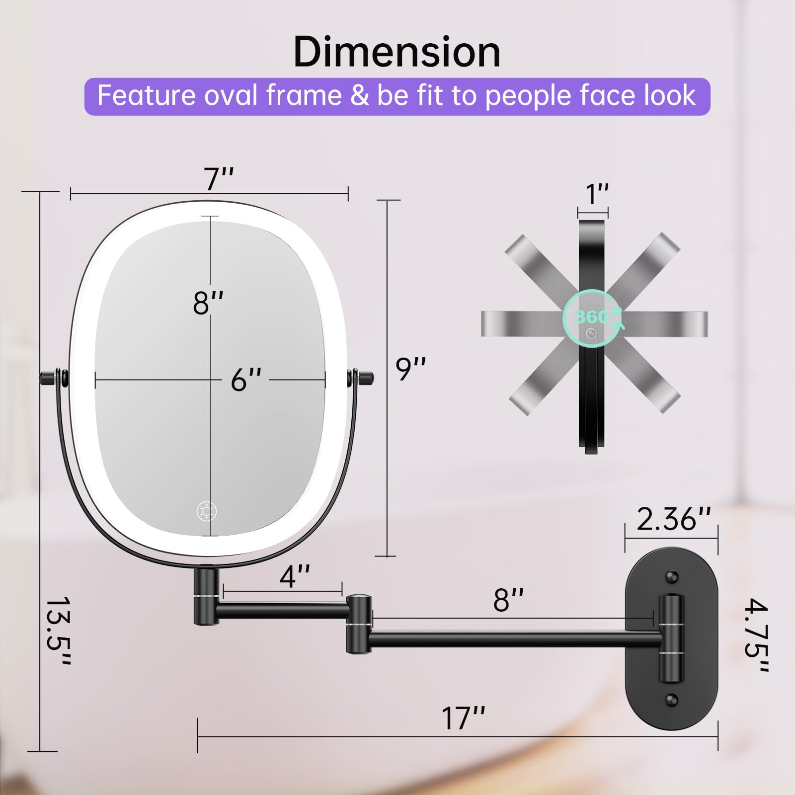FUNTOUCH extendable arm wall mirror with 360° rotation for flexible viewing angles