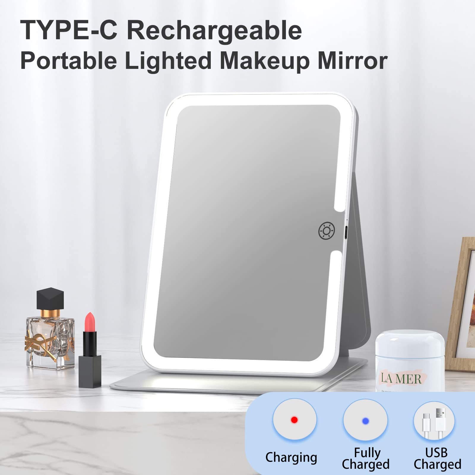 FUNTOUCH folding travel mirror with LED lights for compact vanity setup