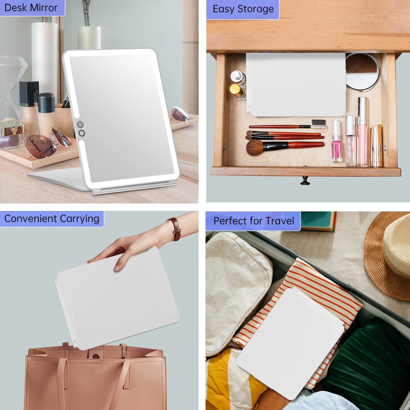 FUNTOUCH folding travel mirror shows its ultra-thin, compact form.