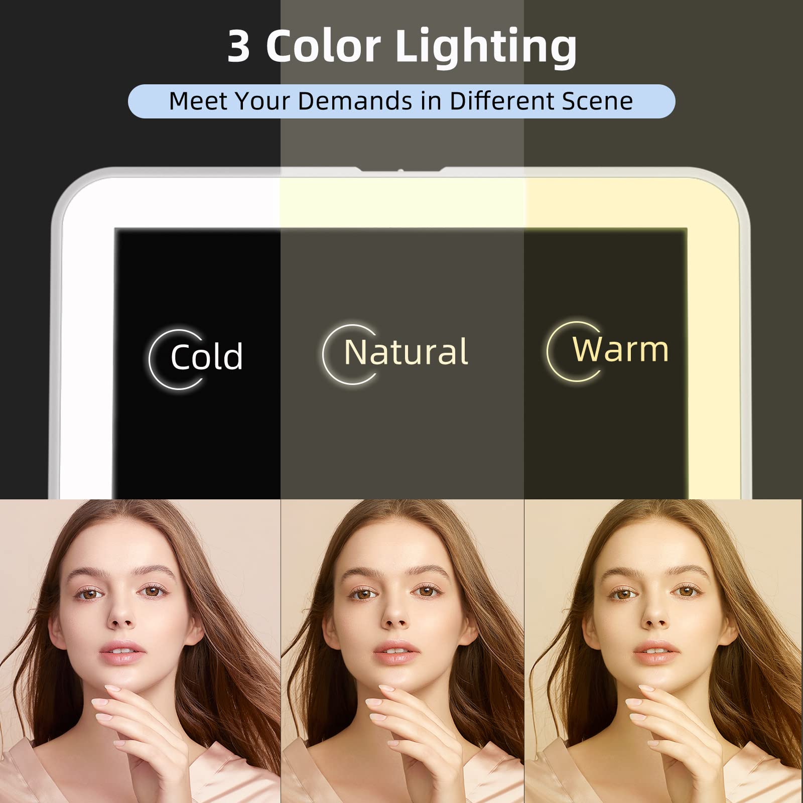 FUNTOUCH 72-LED makeup mirror showing three color lighting options for accurate shade