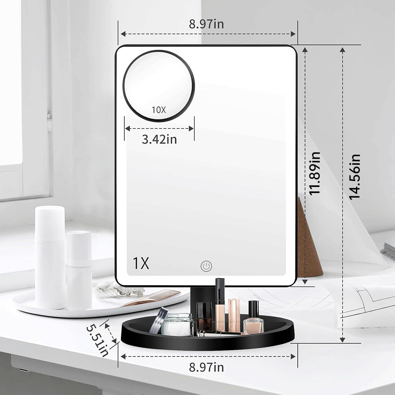 FUNTOUCH oversized desk-view mirror showing wide-angle visibility for full-face makeup.