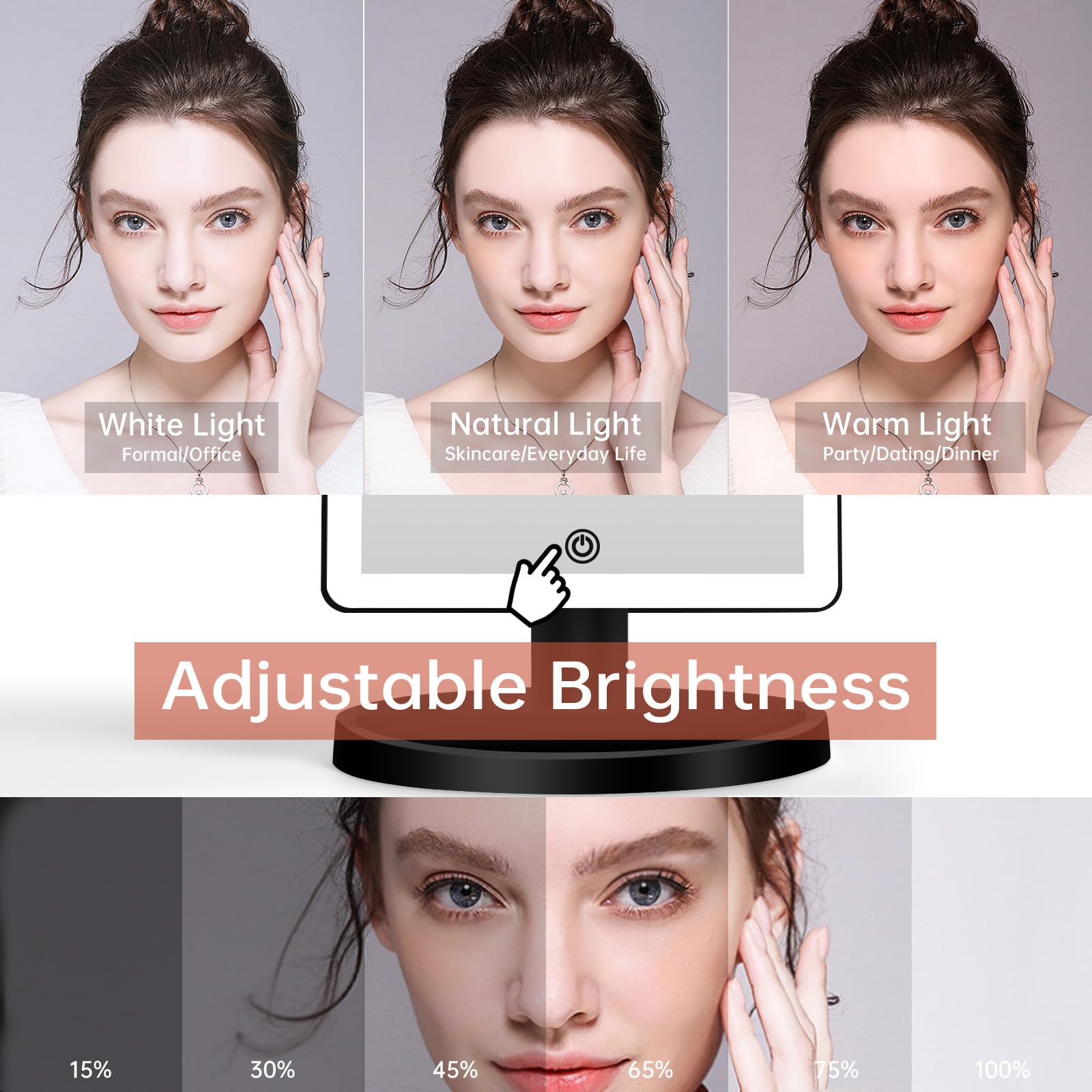 FUNTOUCH mirror demonstrates three-color lighting to simulate different environments for shade matching.