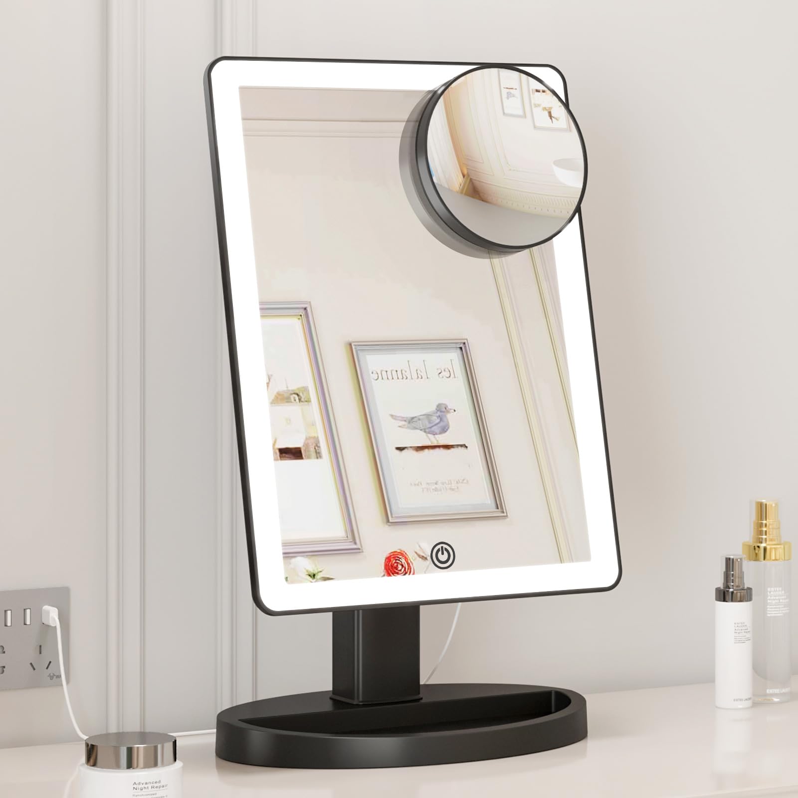 FUNTOUCH mirror powered by USB or batteries for reliable lighting during mornings.