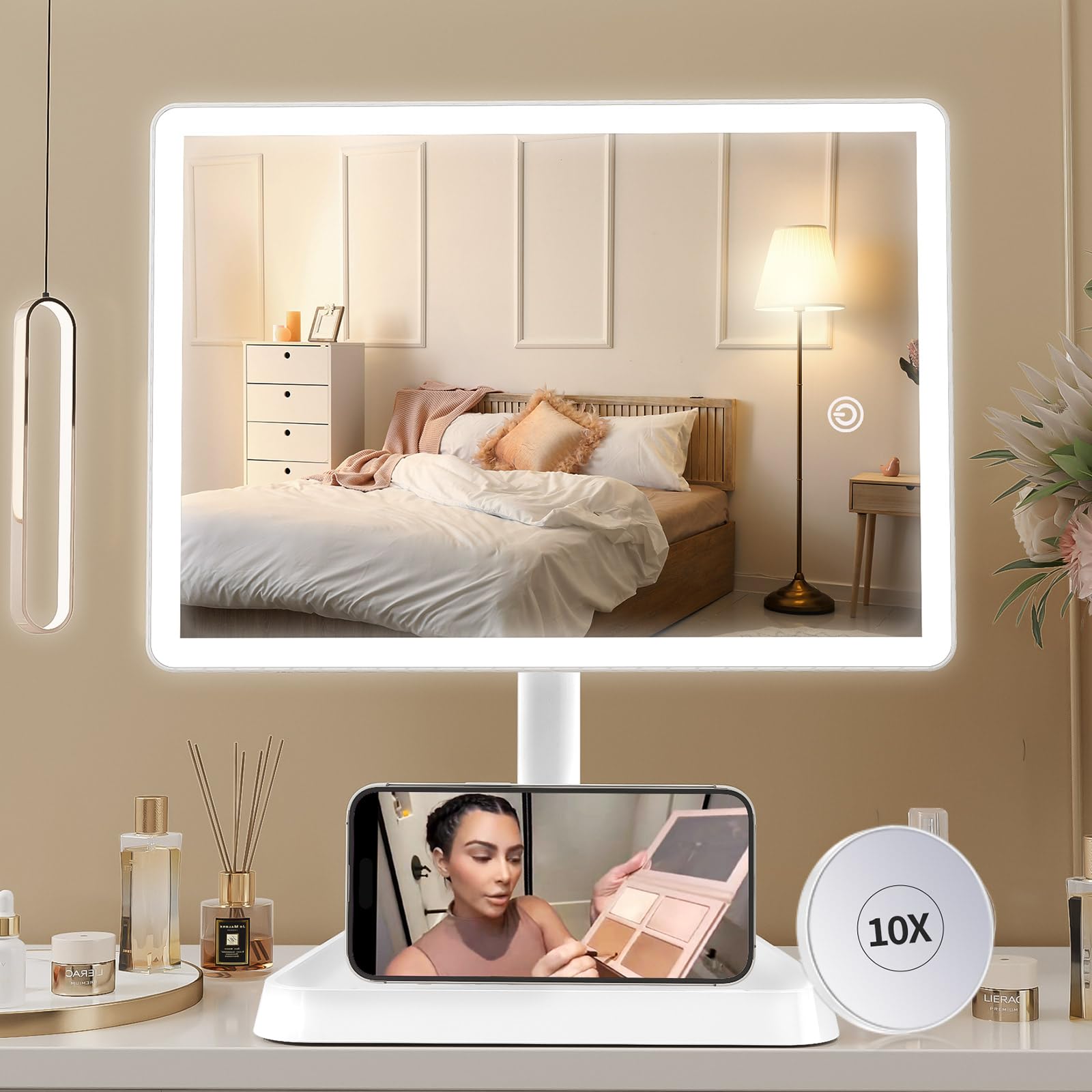 FUNTOUCH rechargeable makeup mirror with lights for desk-side makeup sessions.