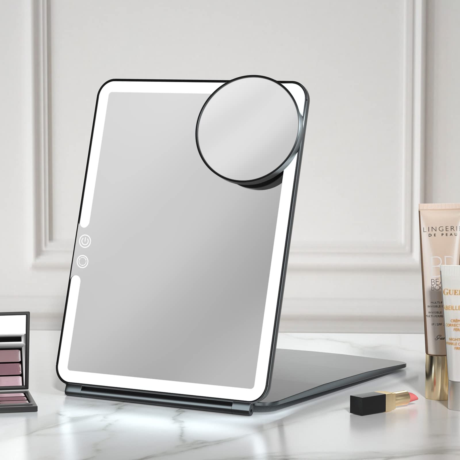 FUNTOUCH travel mirror with 10x7.5-inch lighted surface for full-face makeup