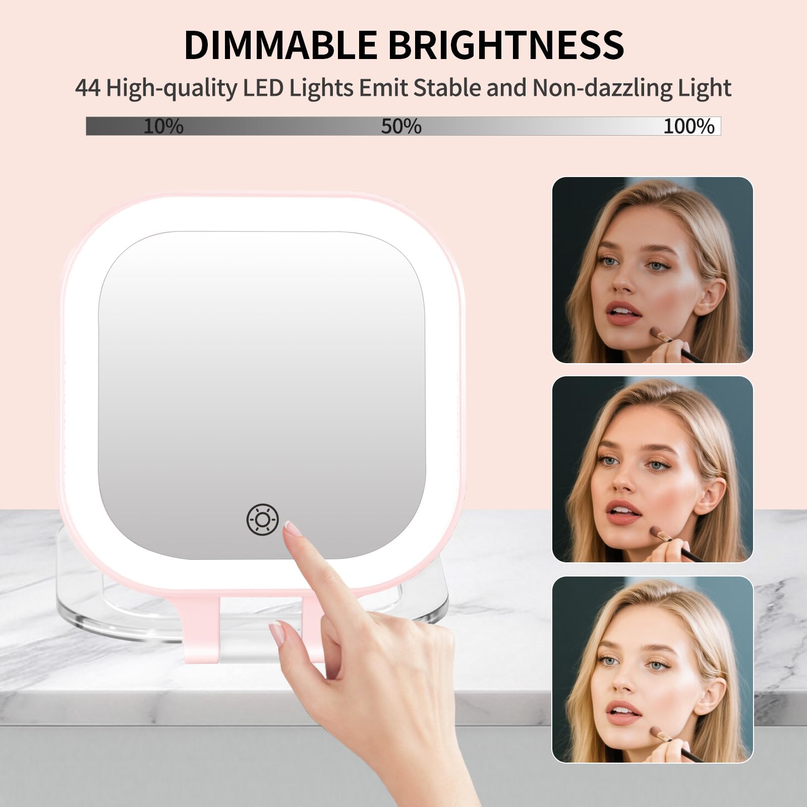 FUNTOUCH pink mirror with LED three-light settings for accurate color in any environment