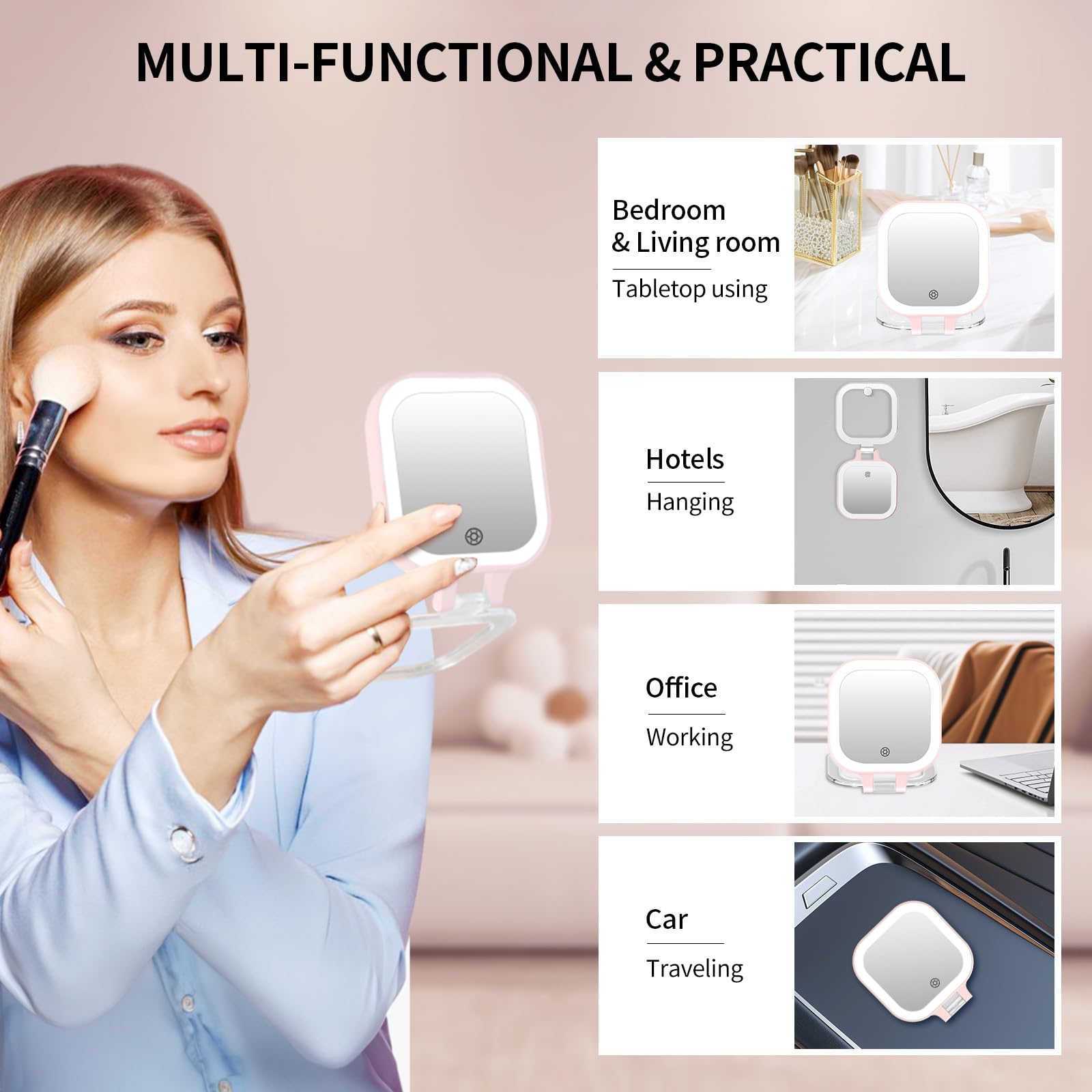 FUNTOUCH pink multifunction mirror doubles as desk lamp or night light