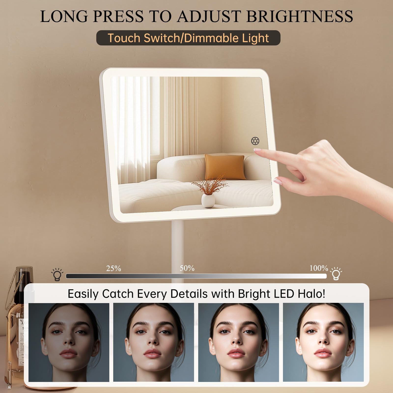 FUNTOUCH vanity mirror with 360° rotation and 62° tilt
