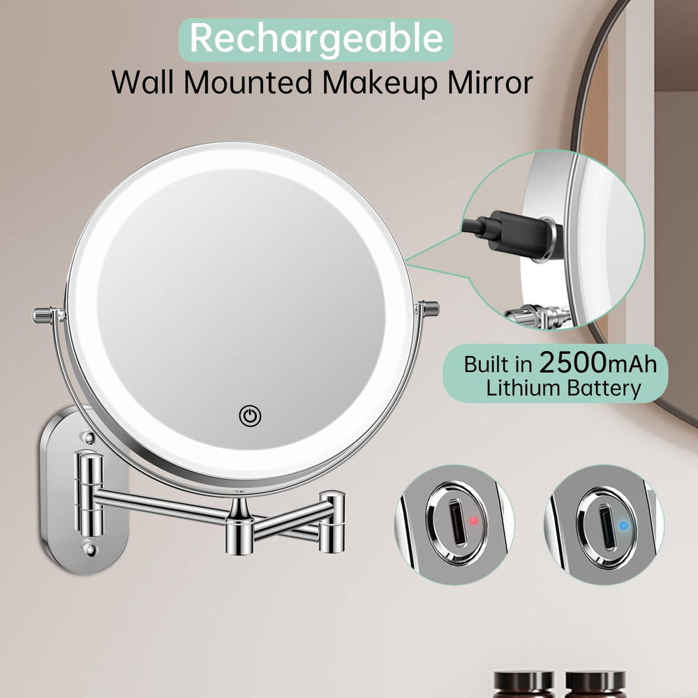 FUNTOUCH wall-mounted vanity mirror with 3-color lighting for versatile makeup checks.