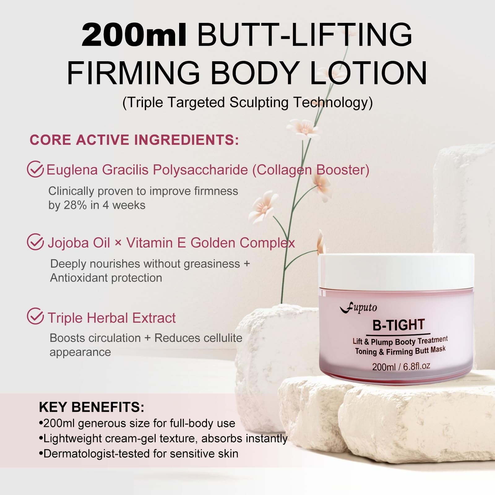Fuputo B-Tight Body Cream helps dry skin on thighs and abdomen.