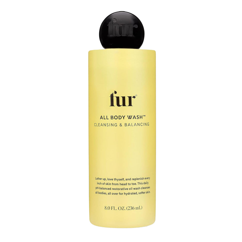 Fur All Body Wash bottle closeup highlights hydrating, pH-balancing formula.