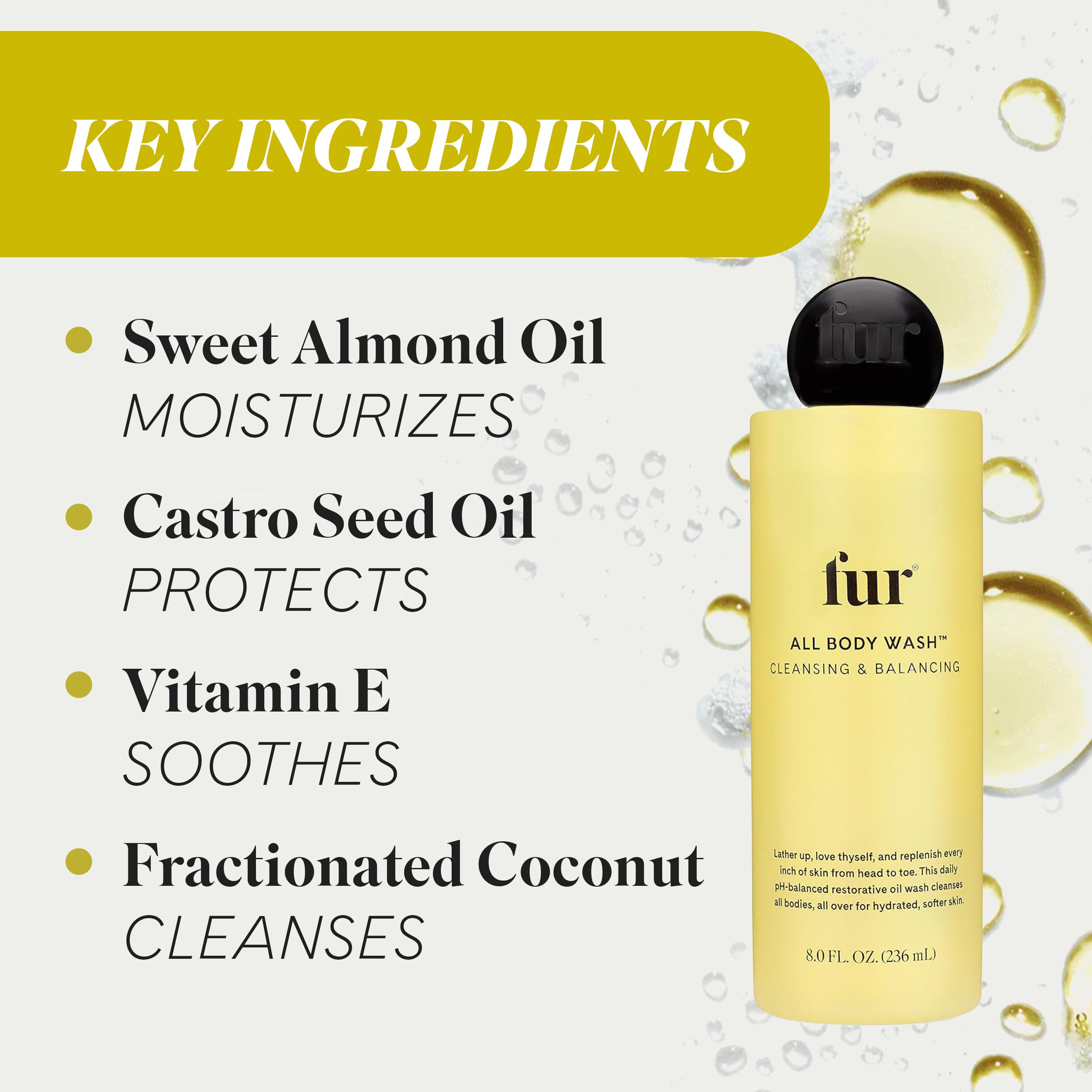 Fur All Body Wash ingredients-sweet-almond-vitamin-e label notes moisture support.