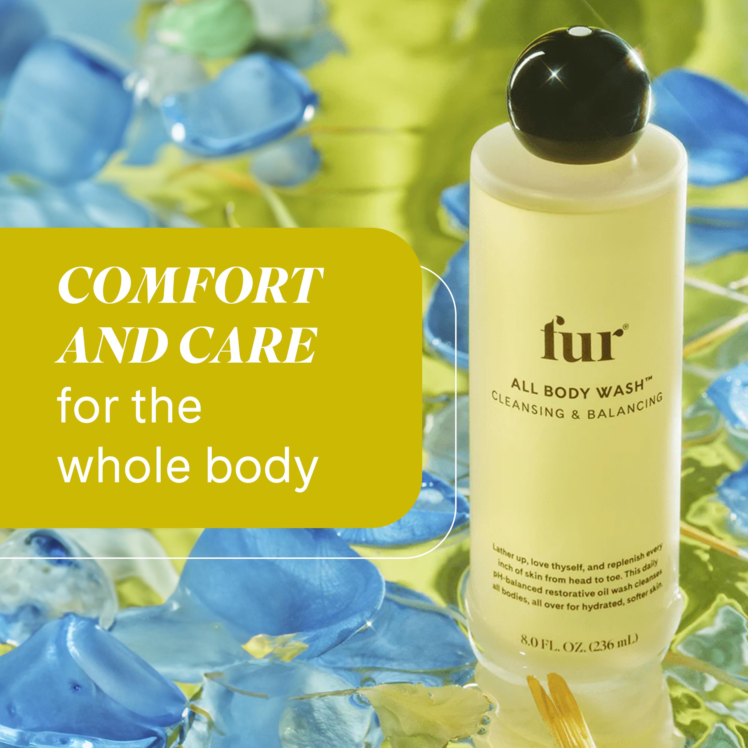 Fur All Body Wash vegan-formula badge signals clean, ethical skincare.